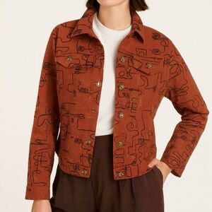 Artisan Denim Jacket Cotton Embroidered Abstract Art 2 Wear 80’s VTG Rust BRN 12